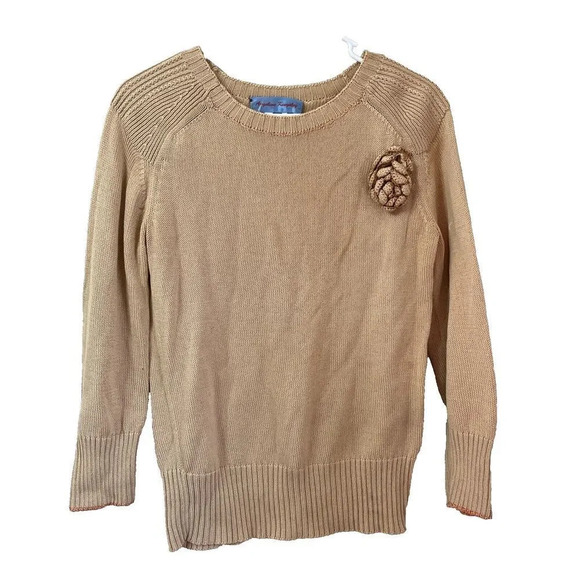 Vtg Angeline Kingsley Women Tan Brown Pullover Sweater M Knit Flower Long Sleeve - Picture 1 of 13